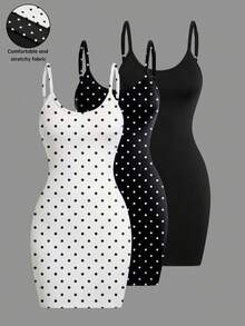 Easura 3件套加大码女士优雅休闲波点吊带连衣裙和半身裙套装 - 黑與白 - 查看 1