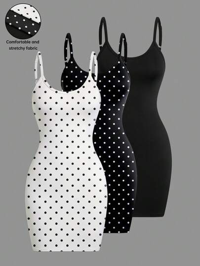 Easura 3件套加大码女士优雅休闲波点吊带连衣裙和半身裙套装