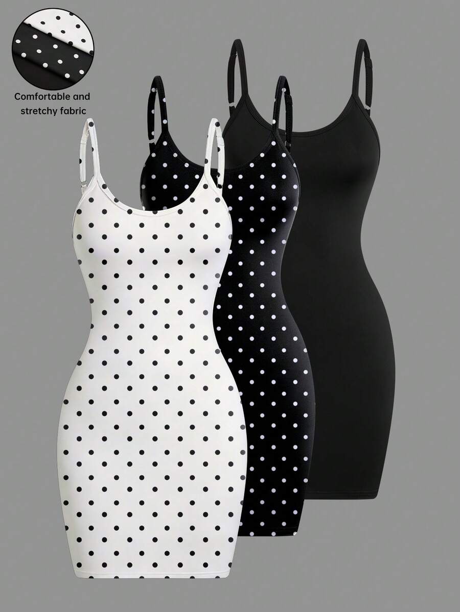 Easura 3件套加大码女士优雅休闲波点吊带连衣裙和半身裙套装 - 黑與白 - 查看 1