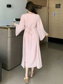 DAZY Elegant Sequin Decor Collar Open Front Long Women Robe - Pink - View 2