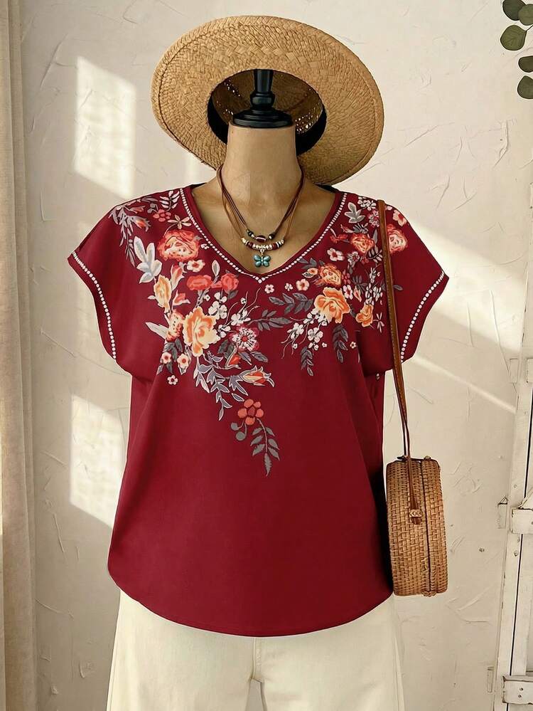 Plus Size V-Neck Short Sleeve Dressy Top,Country Casual Vacation Outfits Woman,Simple And Fashionable For Everyday Wear,Summer Tops Women,Summer Outfits For Women