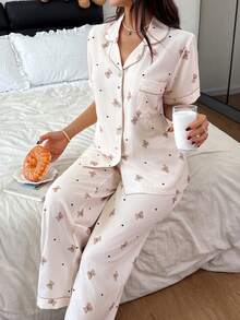 SHEIN Napfluff Bubble Wrinkle Cartoon Bear Collar Short Sleeve Pajama Set - Apricot - View 8