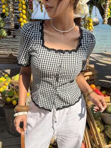 Serisse 女士休闲格纹饰边前开襟短袖衬衫，夏季款 - 黑與白 - 查看 3