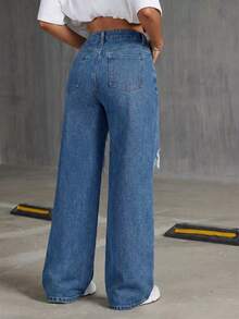 SHEIN ICON Distressed Slant Pocket Casual Loose Straight Leg Jeans - Medium Wash - View 2