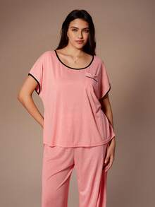 Lazeform Set de pijamale tricotate, casual, fără spate, minimalist, sexy, cu mânecă scurtă, mărime plus, poate fi purtat ca îmbrăcăminte exterioară - Roz - Vizualizare 5