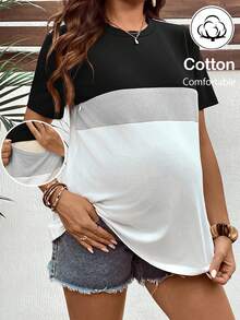 SHEIN 孕妇哺乳上衣，纯色简约日常短袖T恤 - 黑與白 - 查看 1