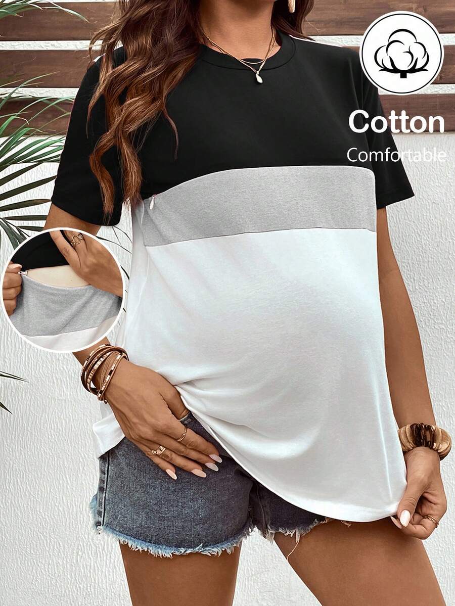SHEIN 孕妇哺乳上衣，纯色简约日常短袖T恤 - 黑與白 - 查看 1