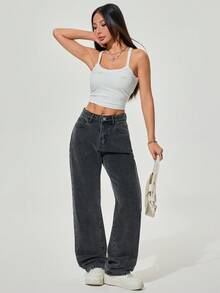 SHEIN ICON 女式休闲直筒宽松牛仔裤 - 黑色 - 查看 5