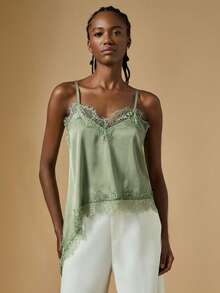 Briarwyn 女士夏季时尚纯色撞色蕾丝不对称下摆吊带背心 - 綠色 - 查看 4