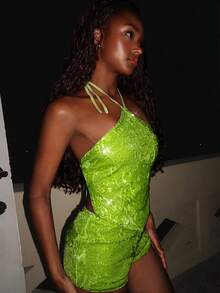 EgrlEra Bộ đồ hai mảnh gợi cảm kiểu dự tiệc dành cho nữ: áo crop top buộc dây và chân váy ngắn. - màu xanh lá - Xem 6