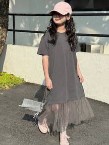 DAZY 少女夏季新款圆领针织短袖蝴蝶结刺绣连衣裙 - 灰色 - 查看 6