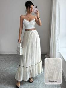 Modelyn A-Line Elastic Waist Ruffle Hem Patchwork Skirt - Apricot - View 9