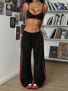 StreetHx 2pcs/Set Streetwear Women Contrast Color Patchwork Print Camisole And Sports Sweatpants, Spring/Summer - Black - View 3