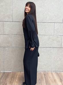 Hitanina 女士杏色厚面料V领西装外套设计黑色撞色纽扣假口袋教师制服优雅职业装，感恩节万圣节氛围，秋季新款时尚必备高端端庄长袖收腰宽松直筒裤两件套 - 黑色 - 查看 4