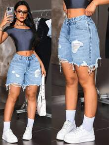 SHEIN Tall Women's Casual Distressed Frayed Hem Denim Shorts - Light Wash - View 5