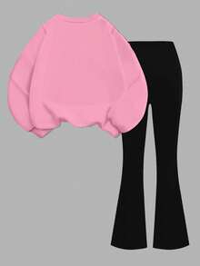 SHEIN 2 件套年轻女孩多巴胺颜色，K-POP 卡通女孩，回到学校，复古甜美美拉德风格，学院时尚轻松氛围，芭蕾美学，休闲宽松圆领长袖运动衫和喇叭裤套装，适合秋冬季 - 彩色 - 查看 3