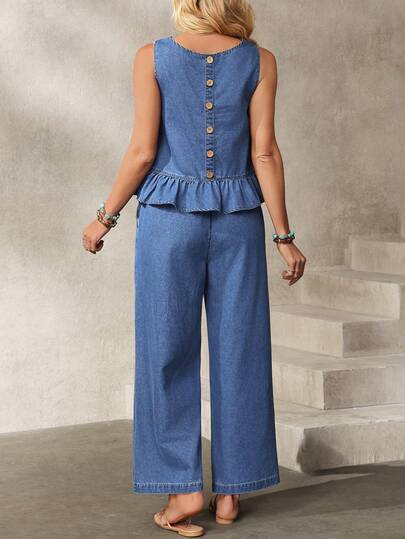 EMERY ROSE Women's Solid Color Round Neck Ruffle Hem Sleeveless Top And Denim Pants Set