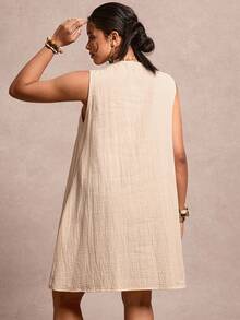 Freevana Bohemian Sleeveless Pleated V-Neck Drawstring Loose A-Line Dress, Minimalist Relaxed Linen Casual Short Dress, Summer - Apricot - View 2