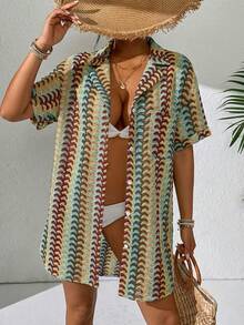 Swim Vcay Women's Summer Beach Striped Lace Lapel Front Open Button Dropped Shoulder Short Sleeve Vacation Kimono Cover Up - Khaki - View 5
