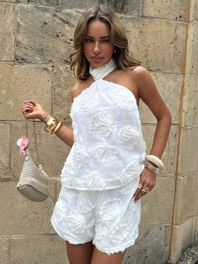 Aloruh Women's Solid White Halter Neck Shell Top And Long Pants 2 Pieces Set, Spring/Summer