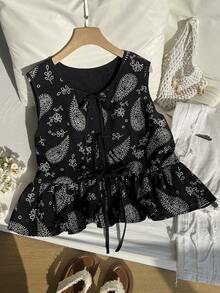 SHEIN EZwear Camisa de chaleco con estampado de anacardo negro de estilo casual de vacaciones, parte superior de paisley con lazo para mujer de talla grande, nuevas llegadas de blusas de verano casuales y elegantes para mujer - Negro - Ver 8