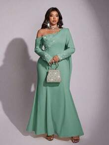 Viva Relle Abito da donna elegante e glamour con mantella in chiffon con decorazioni di strass sulla spalla obliqua, stile sirena, adatto per il Capodanno e San Valentino, taglie comode - Verde - Visualizzare 2