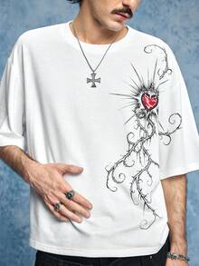 ROMWE MEN Goth 男士休闲心形荆棘印花短袖白色T恤，时尚百搭，适合日常通勤和夏季穿着 - 白色 - 查看 6