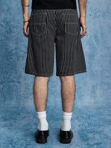 ROMWE MEN Street Life Men's Striped Letter Embroidered Pocket Casual Denim Shorts - Black - View 3