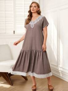 EMERY ROSE 大码优雅撞色蕾丝荷叶边连衣裙，夏季 - 灰色 - 查看 4