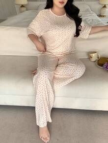 Dazy Plus Plus Size Comfortable Cherry Print Short Sleeve Top And Pants Pajama Set, Summer - White - View 4