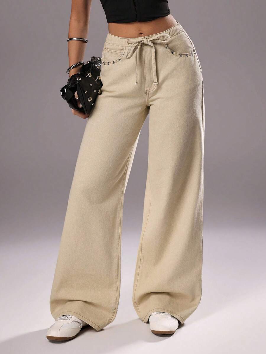 TRNVIE Fashionable Casual Vacation Style Rivet Lace-Up Low Waist Wide Leg Jeans - Khaki - View 1