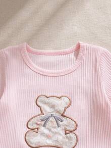 Souflis Souflis Baby Summer Sets New Arrival Casual Bear Embroidered Pattern Squishy Cotton Knit Pink Cute Tops Pink Shorts - Baby Pink - View 4