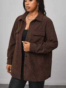 Truni Plus Size Women Solid Color Long Sleeve Single-Breasted Cargo Pocket Casual Jacket, Autumn Fall Winter, For Pear Triangle Body Shape - Chocolate Brown - View 5