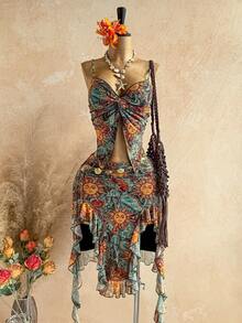 Soleia 女士度假阳光脸印花扭结吊带背心和不对称下摆中长裙两件套 - 彩色 - 查看 2