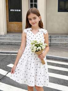 SHEIN Girls Lace Bowknot Strap Hollow Out Vacation Dress, Spring/Summer - White - View 3