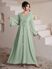 Al Najma Luxurious Embroidered & Beaded Loose Long Sleeve Split Maxi Dress, Turkish & Arabic Traditional Style - Green - View 7
