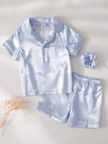 2件套 女童优雅可爱天鹅图案缎面面料休闲舒适睡衣 - 淺藍色 - 查看 1