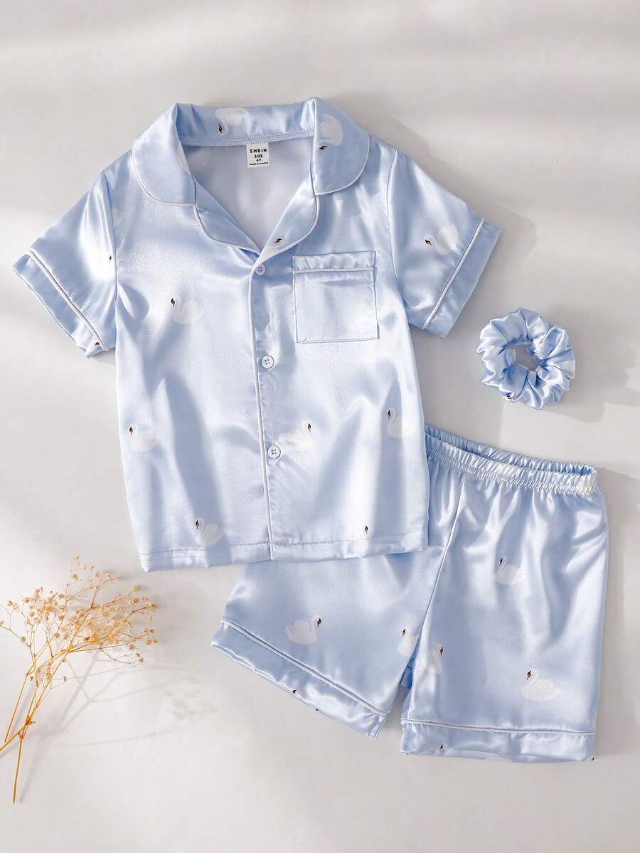 2件套 女童优雅可爱天鹅图案缎面面料休闲舒适睡衣 - 淺藍色 - 查看 1