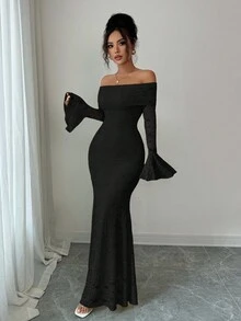 Rafferiza Petite 優雅黑色秋季假日晚餐洋裝，女款露肩喇叭袖魚尾裙擺中長洋裝，極簡百搭修身正式派對禮服，適合嬌小女性 - 黑色 - 查看 5