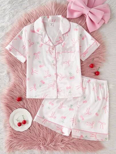 2 件套 Tween 女童樱桃和蝴蝶结印花翻领上衣搭配短裤，休闲舒适睡衣