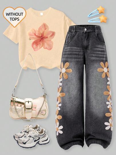 SHEIN ChillGRL Tween Girl Vintage Sweet Colorful Embroidery Casual Wide-Leg Loose Comfortable Washed Light Blue Denim Pants, Academic Style, Daily Wear, School, Campus, College Summer Holiday Full For 11 To 12 Year Old With Plant Pants With Flowers Sunflower 70s Kids Jeans Pants Embroidery