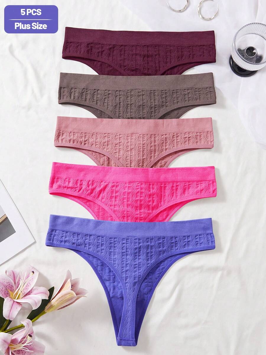 SHEIN 5pcs Women Plus Size Basic Solid Seamless Comfortable Ribbed Knitted Sexy Thong Panties - Multicolor - View 1