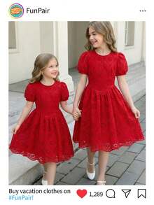 SHEIN 优雅红色花瓣袖A字连衣裙，适合大龄儿童，春夏款，刺绣装饰，适合家庭聚会、节日和日常穿着。 - 紅色 - 查看 7