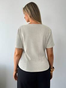 Auralis Plus Size Plain Grey Summer Smart Casual Everyday Women's Cross-Over Wrap V-Neck Fitted A-Line Asymmetrical Hem 2 In 1 Short Sleeve Elegant T-Shirt - Apricot - View 4