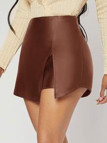 SHEIN SXY 春夏双层下摆PU皮黑色紧身裙裤 - 棕色 - 查看 3