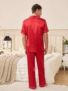 Men's Heart Embroidery Pocket Striped Jacquard Short Sleeve Pajama Set - Hot Pink - View 6