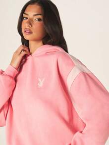 Missguided x Playboy Women's Contrast Stripe Detail Hoodie With Drawstring Hood Casual Oversized Pullover Sweatshirt For Spring Fall Winter Layering - Pink - View 3