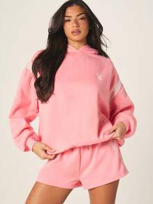 Missguided x Playboy Women's Contrast Stripe Detail Hoodie With Drawstring Hood Casual Oversized Pullover Sweatshirt For Spring Fall Winter Layering - Pink - View 5