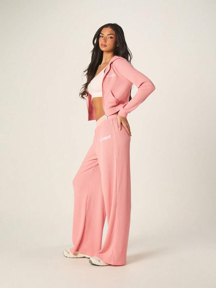 Missguided x Playboy Calça Jogger de Malha Canelada de Perna Larga com Cintura Elástica Alta, Moletom Casual