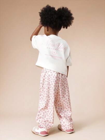 SUMWON Girls Jersey Bow Print T-Shirt And Matching Wide Leg Pants Coordinated Set For Casual Wear